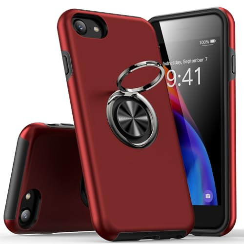 KRAFTCARE Hülle für iPhone SE (2022/2020),iPhone 8 und iPhone 7 Handyhülle mit Eingebetteter 360° Grad Ring, Magnetische Schutzhülle TPU Stoßfest Cover Case für iPhone 7/8/SE,4,7 Zoll-Rot