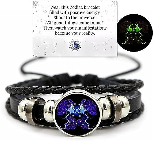 Zodiac Signs Spirit Bracelet,Handmade Woven Multilayer Adjustable 12 Constellation Zodiac PU Leather Bracelets,Zodiac Soul Bracelet,Glow in the Dark Zodiac Jewelry Gifts For Women Men (Gemini)