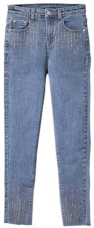 Vogrtcc Damen-Jeans Mit Mittelhohem Bund Und Strasssteinen Röhrenjeans Mit Taschen Schmale Passform Knöchellange Stretch-Bleistiftjeans Für Mädchen Light Blue L