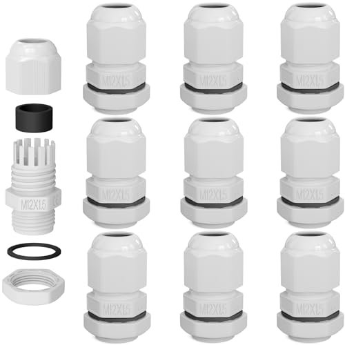 hb-digital 10х Presse-étoupe M12 pour câble de 3 à 6,5 mm de diamètre IP68 étanche à la poussière et à l'eau avec joint en caoutchouc, contre-écrou, lamelles, prise isolante, entrée de câble – Blanc
