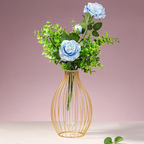 CMOISO Metal Vase - Glass Test Tube Vase for Pampas Grass & Flowers, Table & Office Decor - Gold