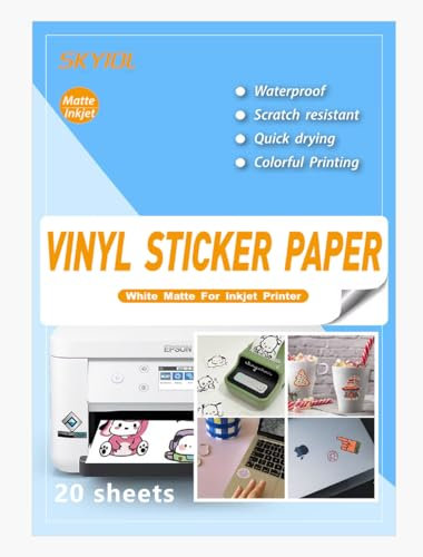 Sticker Papier zum Bedrucken für Tintenstrahldrucker A4 Matt Weiß, 20 Blätter SKYIOL VINYL Aufkleber Papier Wasserfest Inkjet Papier Etiketten Selbstklebend