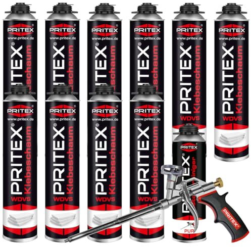 PRITEX - WDVS Klebeschaum Set 10 x 750 ml inkl. Bauschaumpistole und Reiniger zum Isolieren, Fixieren & Befestigen – Bauschaum Dämmstoffkleber mit sehr guter Haftung