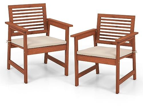 COSTWAY Lot de 2 Chaises de Jardin en Bois Massif avec Coussin Amovible, Fauteuil de Jardin à Lattes, Siège d’Extérieur pour Terrasse, Balcon, Porche, Bord de Piscine, Charge 120 KG