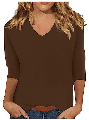 Vente Flash du Jour Et Soldes,Haut Femme Chic Et Elegant Tee Shirt Femme Manche 3/4 Chemisiers Et Blouses Femme Vêtements Femme Grande Taille Été Col en V à De Couleur Unie Top(Brown,L)