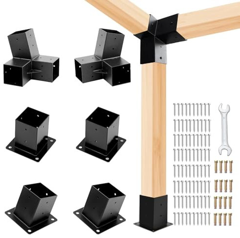 TOPTGO 6 PCS Pergola Brackets Kit,15° 3-Way Slanted Roof Pergola Bracket Set 4x4 (Actual: 3.5x3.5 in),2 Pack Angle Corner Bracket with Post Base for Wooden Beams Lumber Gazebos Patio Pergola Sheds