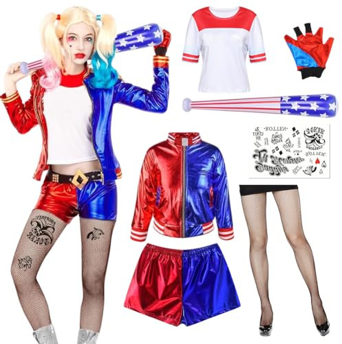 Quinn Kostüme für Erwachsene,Quinn Kostüm Cosplay Costume Set mit Baseballschläger Aufblasbar,Temporäre Tattoos,Handschuhe,Jacke,T-Shirt,Shorts,Netzstrümpfe für Karneval Cosplay (Erwachsene, XL)