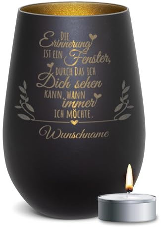 PR Print Royal Trauer Windlicht mit Gravur - Die Erinnerung - mit Name gravieren - Trauergeschenk, Gedenklicht, Geschenke für Trauernde | inkl. Teelicht, 450 ml, Schwarz/Gold