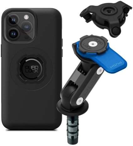 Quad Lock Motorcycle Fork Stem Phone Mount Kit with Vibration Dampener and iPhone 14 Pro Max MAG Case
