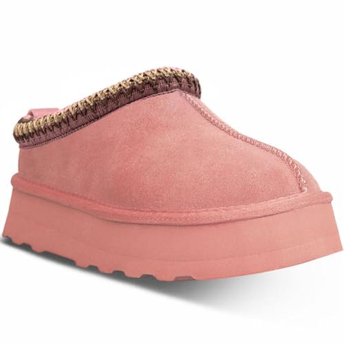 metricfalcon Mini bottes à semelle compensée pour femme - Pantoufles d'intérieur à enfiler avec doublure en fourrure polaire - Bottines courtes en daim, rose, 38.5 EU