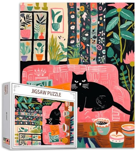 Black Cat on The Sofa Puzzles for Adults 1000 Pieces,Bohemian Plants House Jigsaw Puzzle Fat Cat DIY Puzzles for Home Wall Decoration Gifts, Family Puzzle Perfect for Game Nights Matisse Puzzle Art
