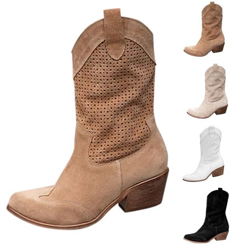 Camperos Texani Donna Invernali Western Tronchetti da Cowboy Cowgirl Stivali Donna Alti con Tacco Stivaletto a Metà Polpaccio Stivali Donna Indianini Stivaletti Tacco Medio Cerniera Scarponcino