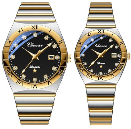 JewelryWe Paar Uhren Leuchtende Partneruhr: 2pcs 30m Wasserdicht Kalender Analog Quarz Pärchen Armbanduhr Edelstahl Band Freundschaftsuhr mit Römischen Ziffern Strassskala & Schwarz rundem Zifferblatt