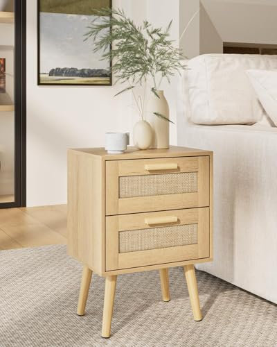 HEYZOEY Nachttisch Rattan, Beistelltisch mit Schublade, Nachtkommode mit Holz Beine für Schlafzimmer, Wohnzimmer (Yellow.)