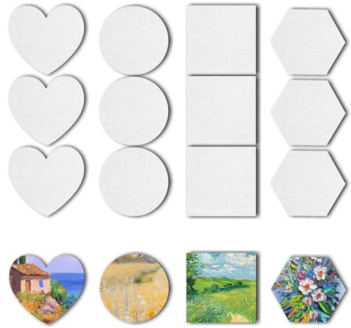 Lot de 12 panneaux magnétiques sur toile acrylique / huile / aquarelle – Hexagone, rond, carré, cœur