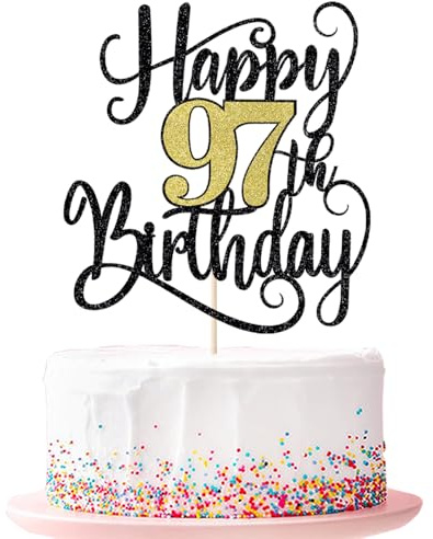happy 97th birthday cake topper， 97 birthday party cake decorations (Black and gold flashes, 97th)
