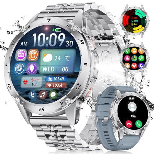 LIGE Smartwatch Herren Militär mit Telefonfunktion, 1,43'' AMOLED Smart Watch mit 530mAh Akku, LED Taschenlampe, Herzfrequenz, Schlafmonitor, 120+Sportmodi IP68 Wasserdicht Sportuhr für Android iOS