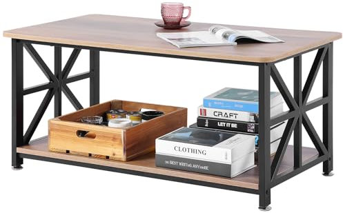 VEVOR 40 Farmhouse Coffee Table, Rectangle Coffee Table with Open Storage Compartment, Wooden Rustic Cocktail Table for Living Room, Bedroom, Apartment, Studio, Brown & Black