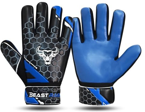 BEAST RAGE Fußball-Torwarthandschuhe für Jungen, Kinder, Jugendliche, Fußball-Torwarthandschuhe mit starkem Halt für die härtesten Einsparungen, Handgelenkstütze, 4 mm Latex-Handfläche (Blau, Größe 6,
