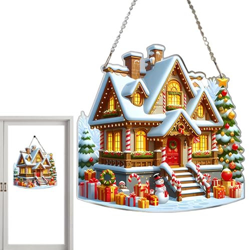 Adornos de casas de Navidad, adornos acrílicos de paisaje, colgante acrílico de casas, de Navidad, adornos de puerta de balcón, alféizar de ventana, balcón, puerta, patio