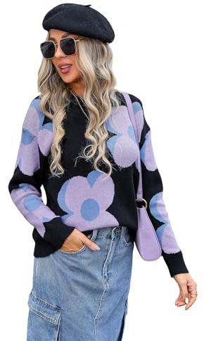 HEYPORK Damen Herbst Winter Warm Bequem Pullover Casual Strickpullover Frauen Rundhals Bedruckt Mode Große Blume Pullover