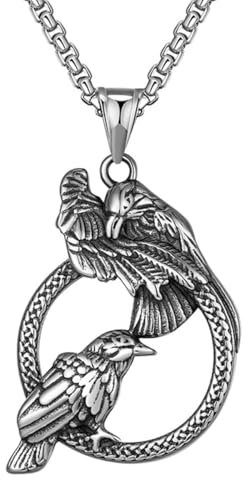 ZFSBRTL Herren Halskette Wikinger Odin Raben Anhänger, Hugin Munin Silber Edelstahl Anhänger Schmuck, Nordische Mythologie Keltischer Krähe Dame Schmuck