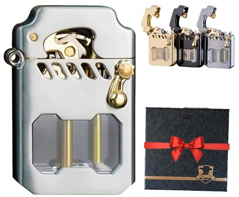 Metal Rocker Feuerzeug, Retro Transparent Benzinfeuerzeug, Benzin Feuerzeug Metall Ist Langlebig, Mit Transparentem Kraftstofftank, Winddicht (Silber)