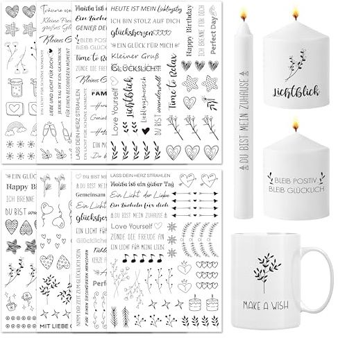BIROYAL Groß 8 PCS Kerzentattoos (300+ Muster, 24x17cm), Wassertransferdruck |Wasserschiebefolie Kerzen | Kerzenfolie | Kerzenaufkleber Sticker |Kerzen Dekorieren | Party-Deko für Erwachsene & Kinder