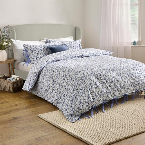 furn. Wylder Hannah Duvet Cover Set – 100% Tumbled Cotton Floral Bedding with Bow Closures (Blue - Double)