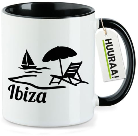 Huuraa Kaffeetasse Ibiza Spanien Geschenk | Motivtasse 330ml Schwarz Keramik Tasse mit Spruch Kaffeebecher Geschenkidee Becher mit Motiv