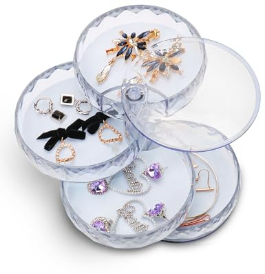 Inmorven Jewellery Box Organiser, Small Jewelry Storage Box Earring Holder, 4-Layer Rotating Travel jewellery Tray Case with Lid for Bracelets Rings Bracelets, Gift for Women Teen Girls(Clear)