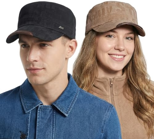 HIQIU 2 Stück Military Cap Herren aus Baumwolle Vintage Armee Flat Kappe Cadet Hut - Army Cap Damen Verstellbar Baseballmütze