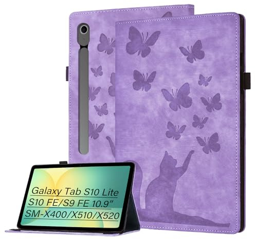 Bemoloon Pu Tablet Hülle für Samsung Galaxy Tab S10 Lite/S10 FE/S9 FE 10.9 SM-X510/X520 Katze und Schmetterling Flip Tab SchutzHülle, Kratzfest, Kartensteckplatz, Stifthalter, Katzenlila