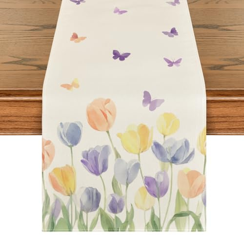 Artoid Mode Tulpen Schmetterling Frühling Tischläufer, Saisonnal Küche Tisch Dekoration Drinnen Urlaub Party Dekor 40x180 cm
