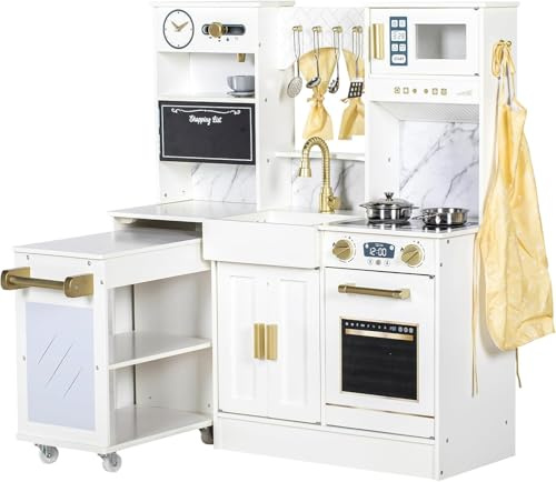 BRINJOY Play Kitchen, Children's Play Kitchens with Oven, Stove, Sink, Apron, Ice Maker, Cookware,Toy Kitchen Set for Toddler Girl Boy Age 3+，Kids Kitchen Blue (Milkwhite)