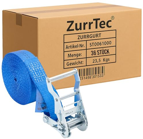 4 x Spanngurt 6 m 2000 kg – Einteilig, 35 mm Breit, Blau – Zurrgurt mit Ratsche zur Ladungssicherung