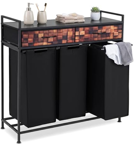 COSTWAY Wäschekorb 3 Fächer, Wäschesammler mit 3 herausnehmbaren & abnehmbaren Stoff-Wäschekörbe, 2 Stoffschubladen, Wäschesack Metallrahmen, Wäscheschrank, 3 x 48 L, 92,5 x 33 x 93,5 cm
