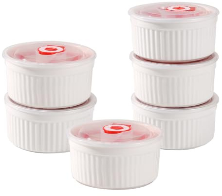 Tanggaogao 6 Pack Ceramic Ramekins with Airtight Silicone-sealed Lids, 8oz Porcelain Creme Brulee Dishes, Souffle Cups for Baking, Meal Prep, Storage, Oven Dishwasher & Microwave Safe, 10cm × 5cm