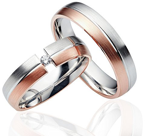 JC Trauringe 925er Sterling Silber Rose-Gold Plattiert Paar-Preis I Ehe-Ringe bi-color mit kostenloser Gravur I Verlobungsringe 6 mm breit inkl. Etui-Box I Damen-Ring mit Stein I Gr. 48 bis 72 I LC04