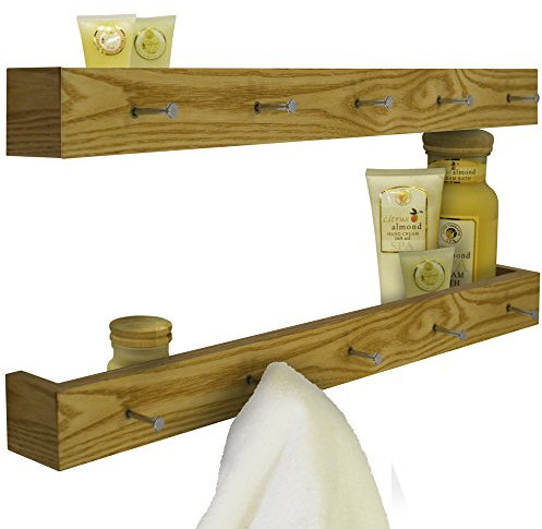 WATSONS ELLIS - 2 PACK - Wall Mounted 80cm Floating Shelf with 5 Hooks - Oak