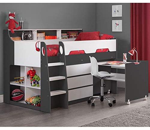 White and Grey Wooden Kids Bed, Happy Beds Jupiter Mid Sleeper with Storage and Desk - 3ft Single (90 x 190 cm) with Memory Foam Mattress Included