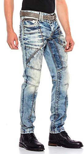 Cipo & Baxx Herren Jeans Hose Denim Straight Regular Fit Design Hose Pants Jeanshose Dicke Naht Blau W38 L34