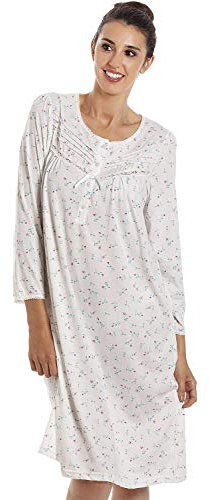 Camille Organic Cotton Women's Nightie - Floral Knee Length Lightweight Ladies Cotton Nightdress | Relaxed Fit Traditional Nighty with Long Sleeves | Flattering Shape Nightwear - Ivory 22-24