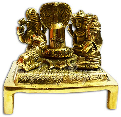 VRINDAVANBAZAAR.COM Shiva Lingam Statue aus Messing, mit Shiv-Familie, Parvati, Nandi, Ganesh, Kartik und Schlange auf Shivling, 9 cm x 9 cm x 10 cm, Gewicht: 770 g