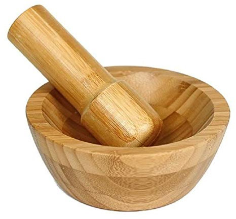 Mortier et Pilon en Bambou pour Epices, Herbes, Graines, Noix (16 cm diamètre)