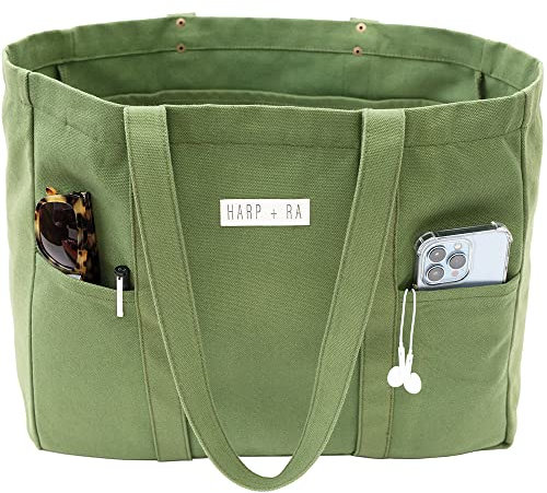 Harp and Ra Große Canvas-Tragetasche – Mehrzweck-Tragetasche mit 2 Vordertaschen und Laptophülle, robuste Alltagstasche, Grün (Forest Green), Extra Large