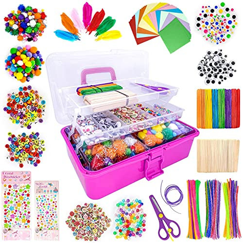 LINAYE Bastelset für Kinder 3500+Pcs Bastelmaterial in Bastelkoffer Gehören Pfeifenreiniger Pompons, Basteln Alter 4 bis 10, Geburtstagsgeschenk Bastelbox für Mädchen