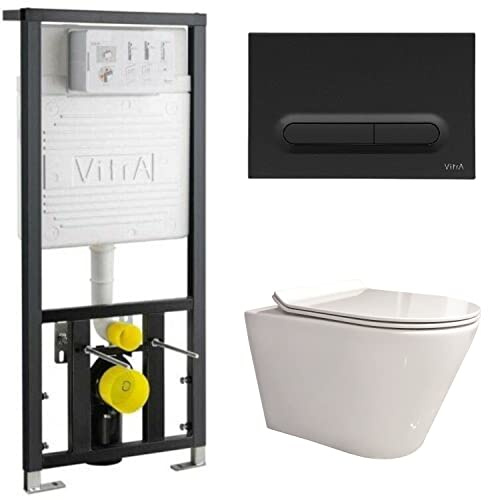 Anas Vitra 742-5805-01 Concealed Wc Frame 1.10-1.27 with Matt Black Flush Plate 740-0711 and Modern Rimless Compact Wall Hung Toilet Slim Seat