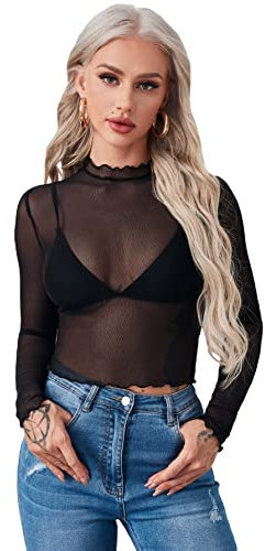 Floerns Camiseta Rejilla Corta de Malla Transparente de Manga Larga para Mujer, Negro, X-Large