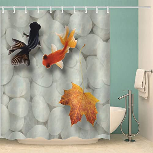 JOKITA Poisson Rouge Rideau Douche, Poisson Rouge Rideau de Bain 100% Polyester Tissu Rideau de Douche Anti Moisissure Imperméable pour Salle de Bain ou Baignoire, 12 Crochets, 200x200 cm